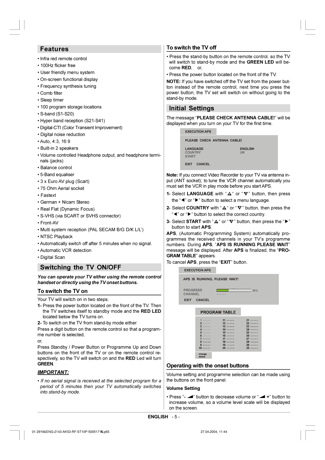 Toshiba 29VH36/37 owner manual Features, Switching the TV ON/OFF, Initial Settings 