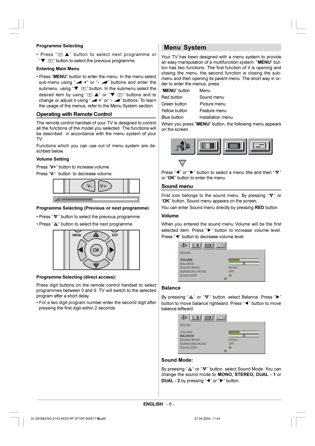 Toshiba 29VH36/37 owner manual Menu System, Operating with Remote Control, Sound menu 