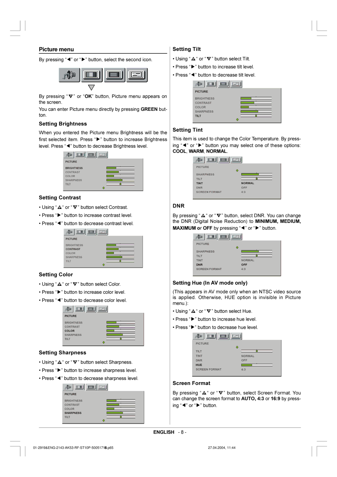 Toshiba 29VH36/37 owner manual Picture menu 