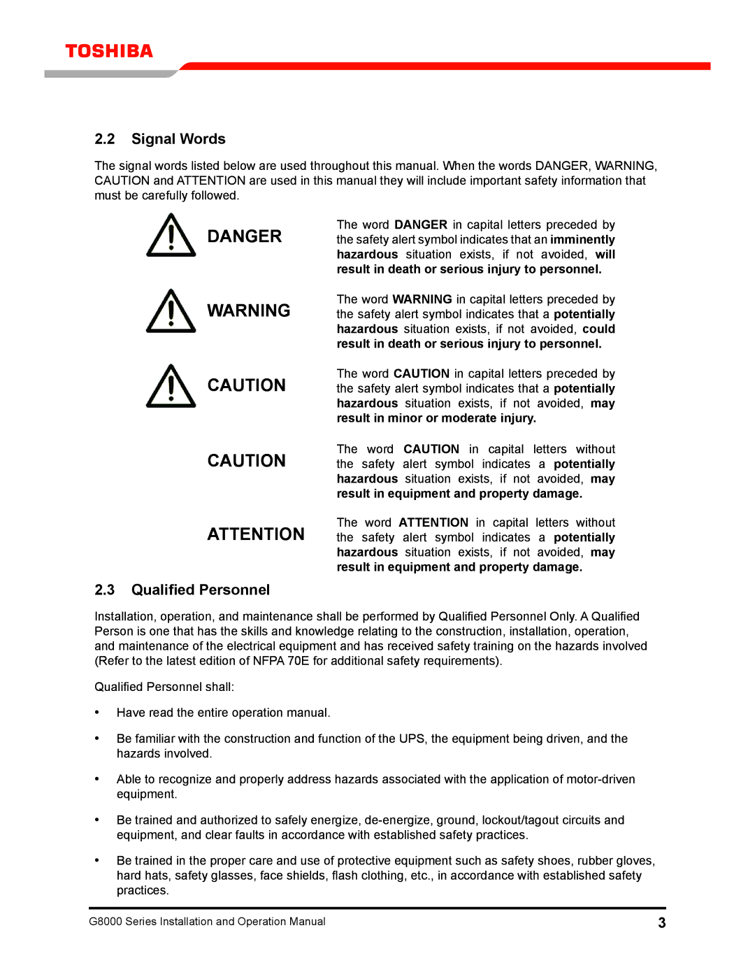 Toshiba 300 KW operation manual Signal Words, Qualified Personnel 