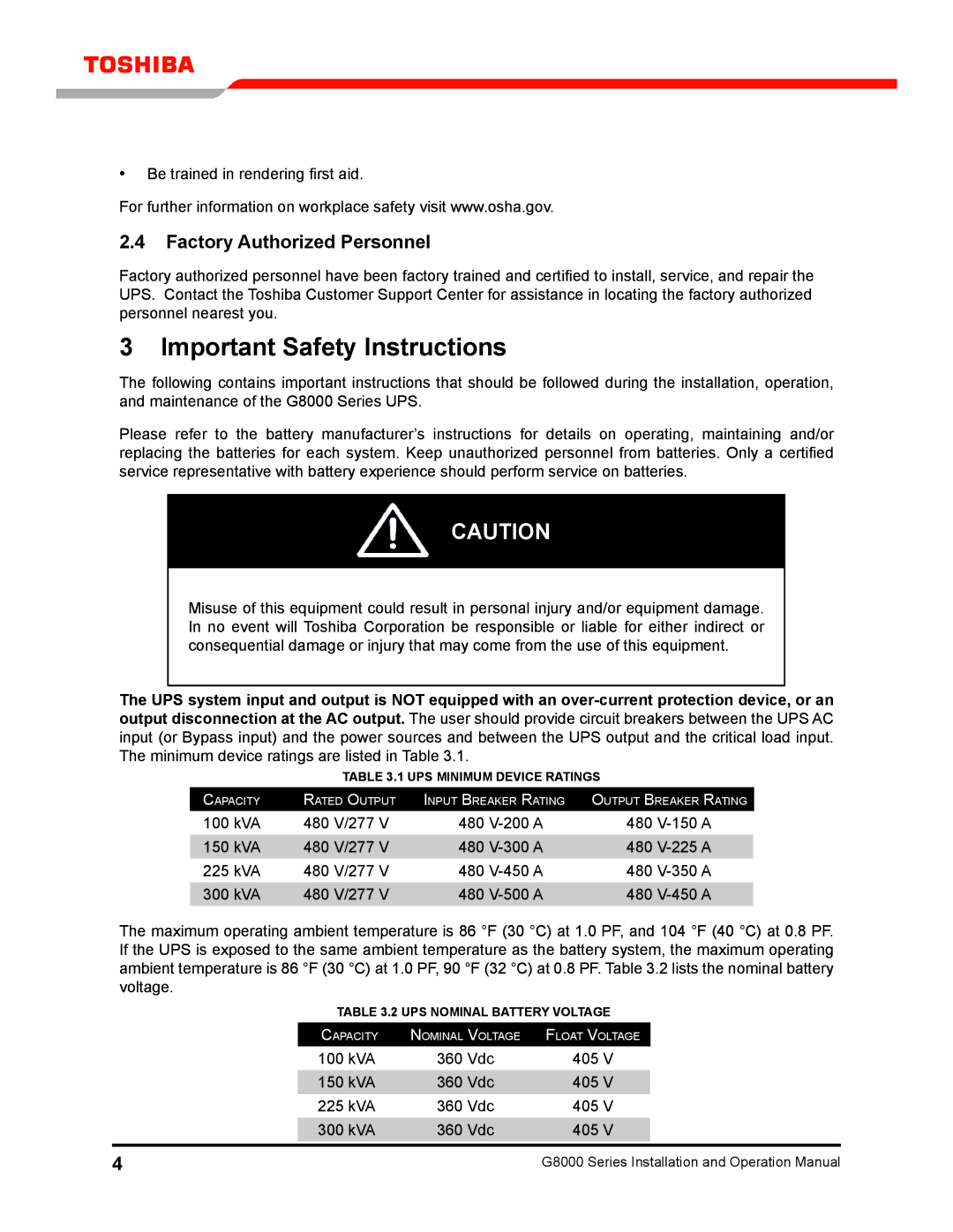 Toshiba 300 KW operation manual Important Safety Instructions, Factory Authorized Personnel 