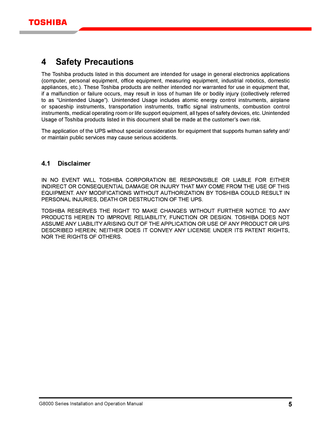 Toshiba 300 KW operation manual Safety Precautions, Disclaimer 