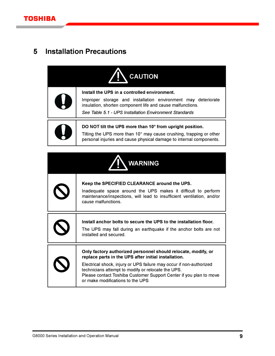 Toshiba 300 KW operation manual Installation Precautions, Install the UPS in a controlled environment 