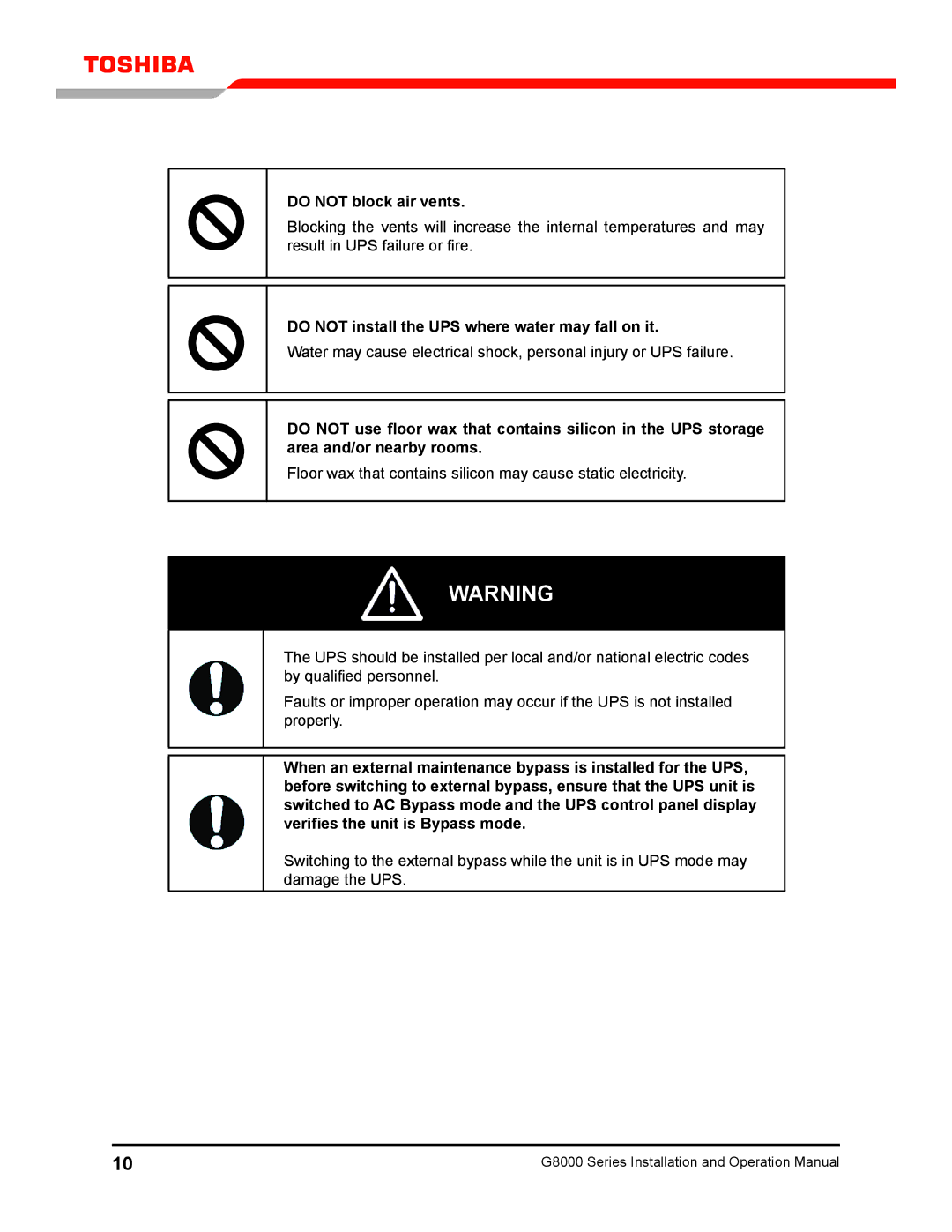 Toshiba 300 KW operation manual Do not block air vents, Do not install the UPS where water may fall on it 