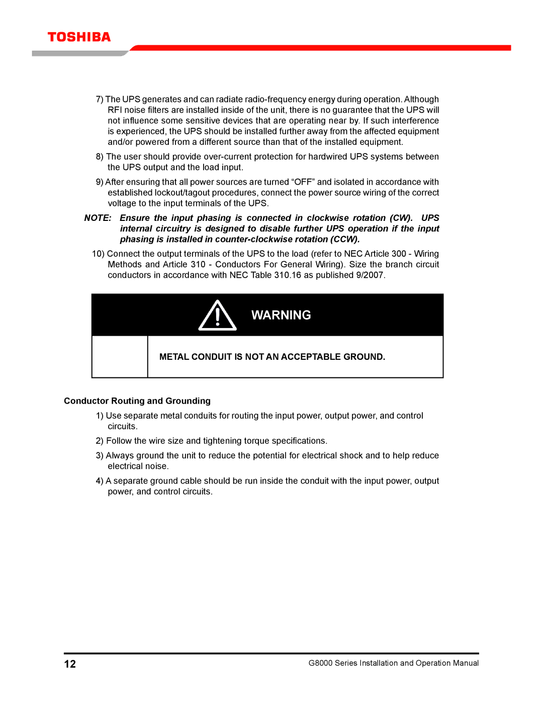 Toshiba 300 KW operation manual Metal Conduit is not AN Acceptable Ground, Conductor Routing and Grounding 