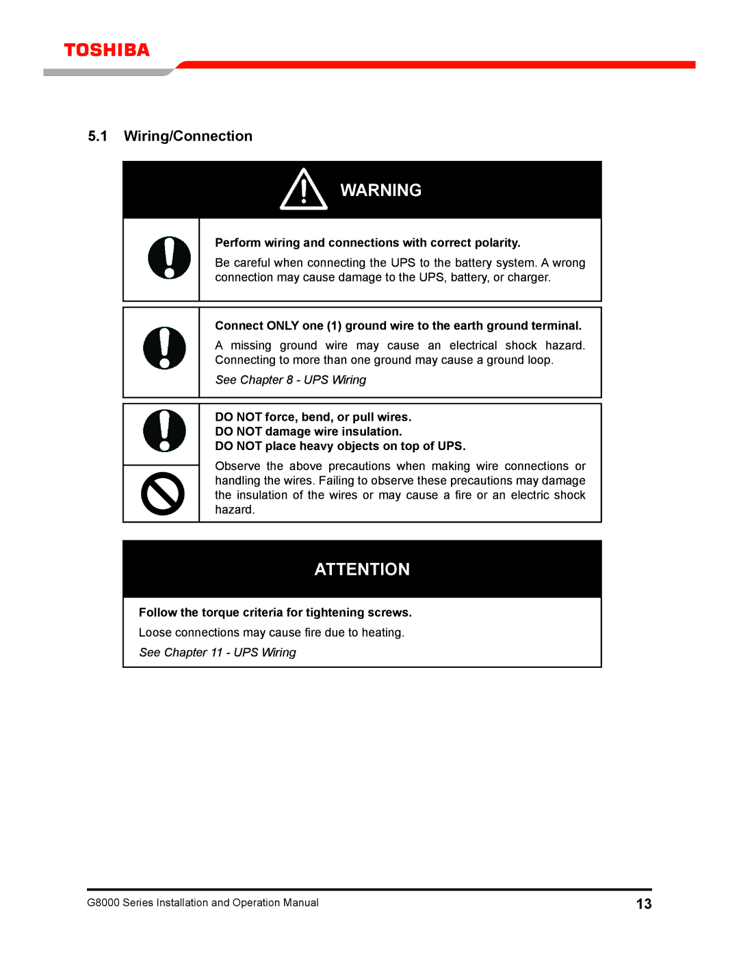 Toshiba 300 KW operation manual Wiring/Connection, Perform wiring and connections with correct polarity 