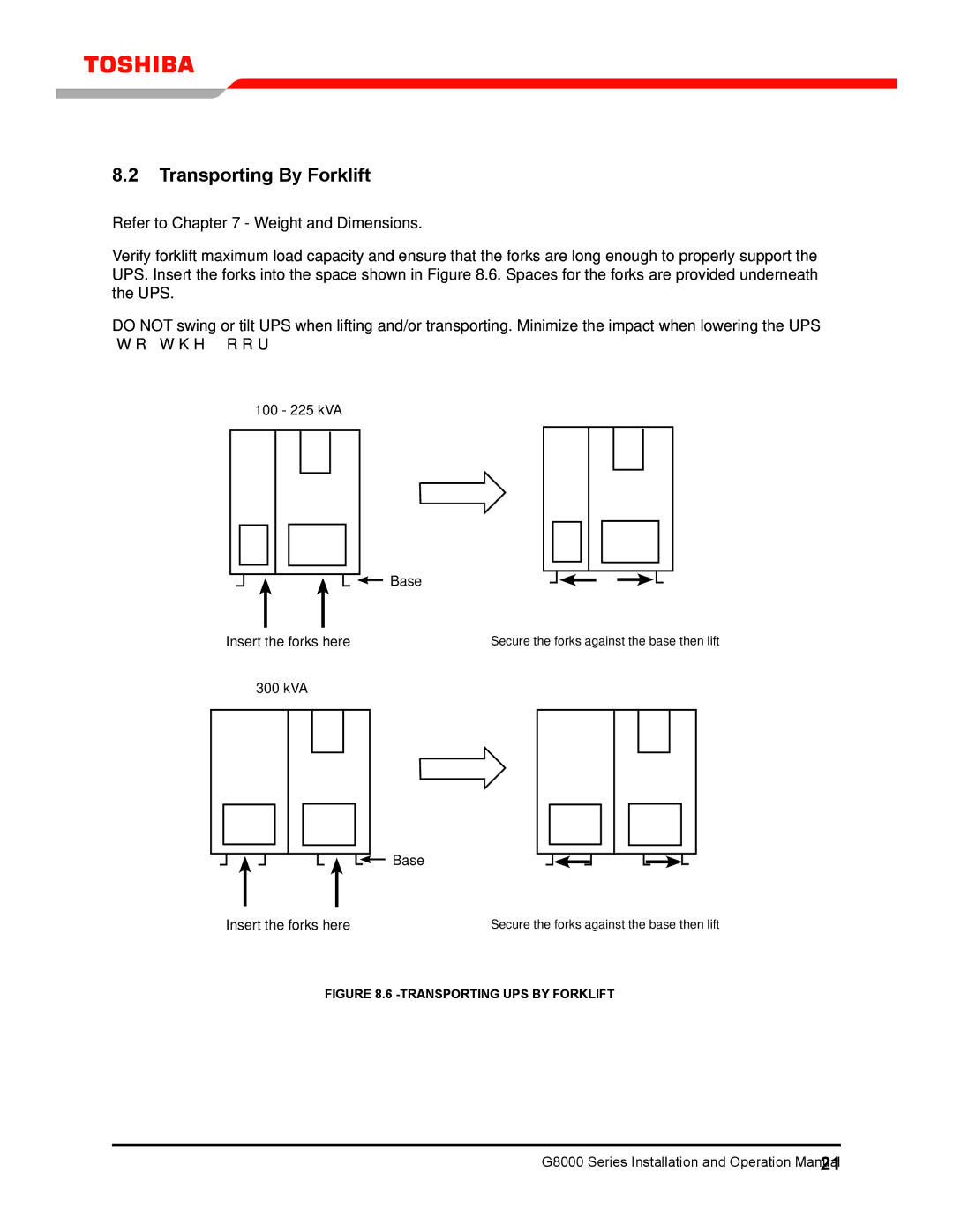 Toshiba 300 KW operation manual Transporting By Forklift, Transporting UPS by Forklift 