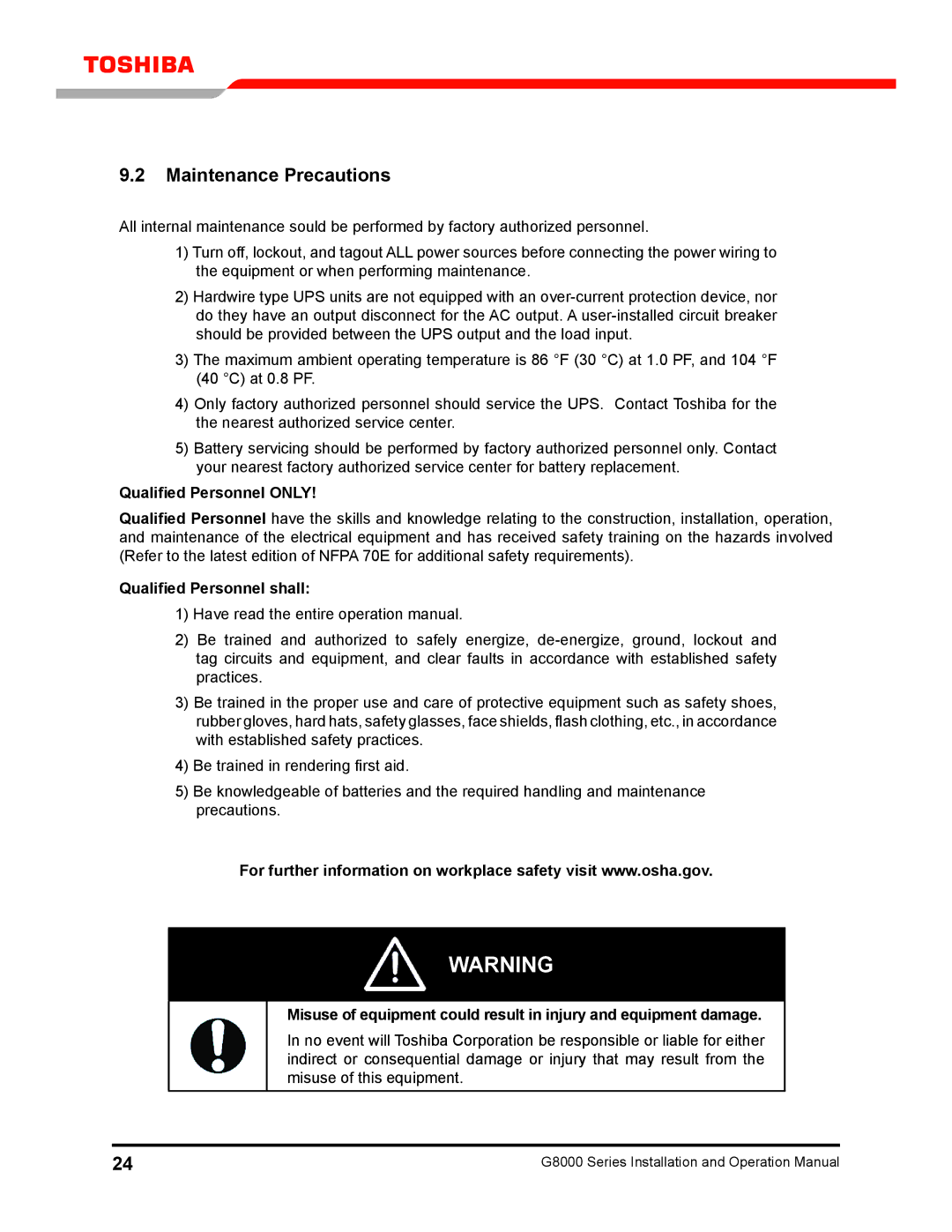 Toshiba 300 KW operation manual Maintenance Precautions, Qualified Personnel only, Qualified Personnel shall 