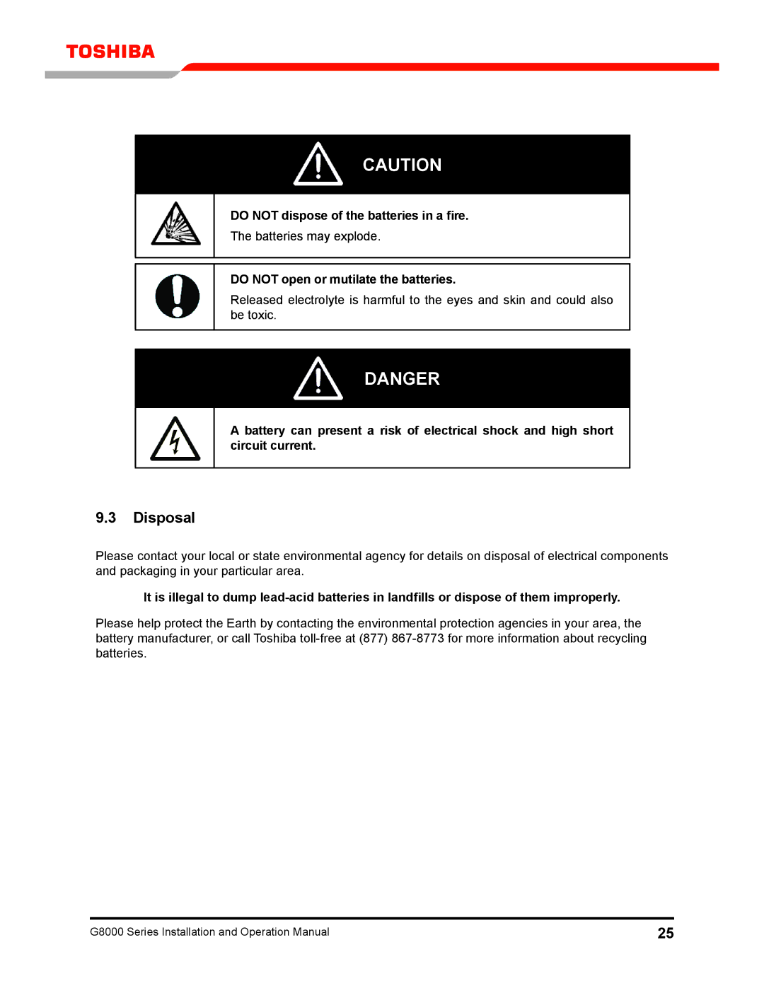 Toshiba 300 KW operation manual Disposal, Do not dispose of the batteries in a fire, Do not open or mutilate the batteries 