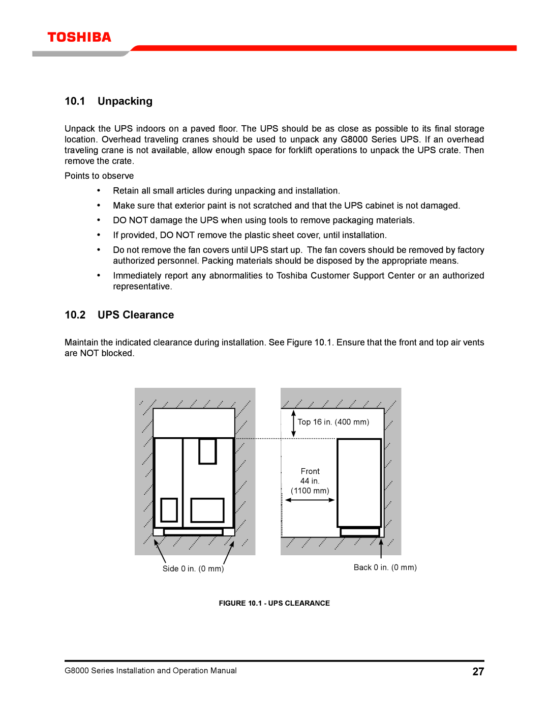 Toshiba 300 KW operation manual Unpacking, UPS Clearance 