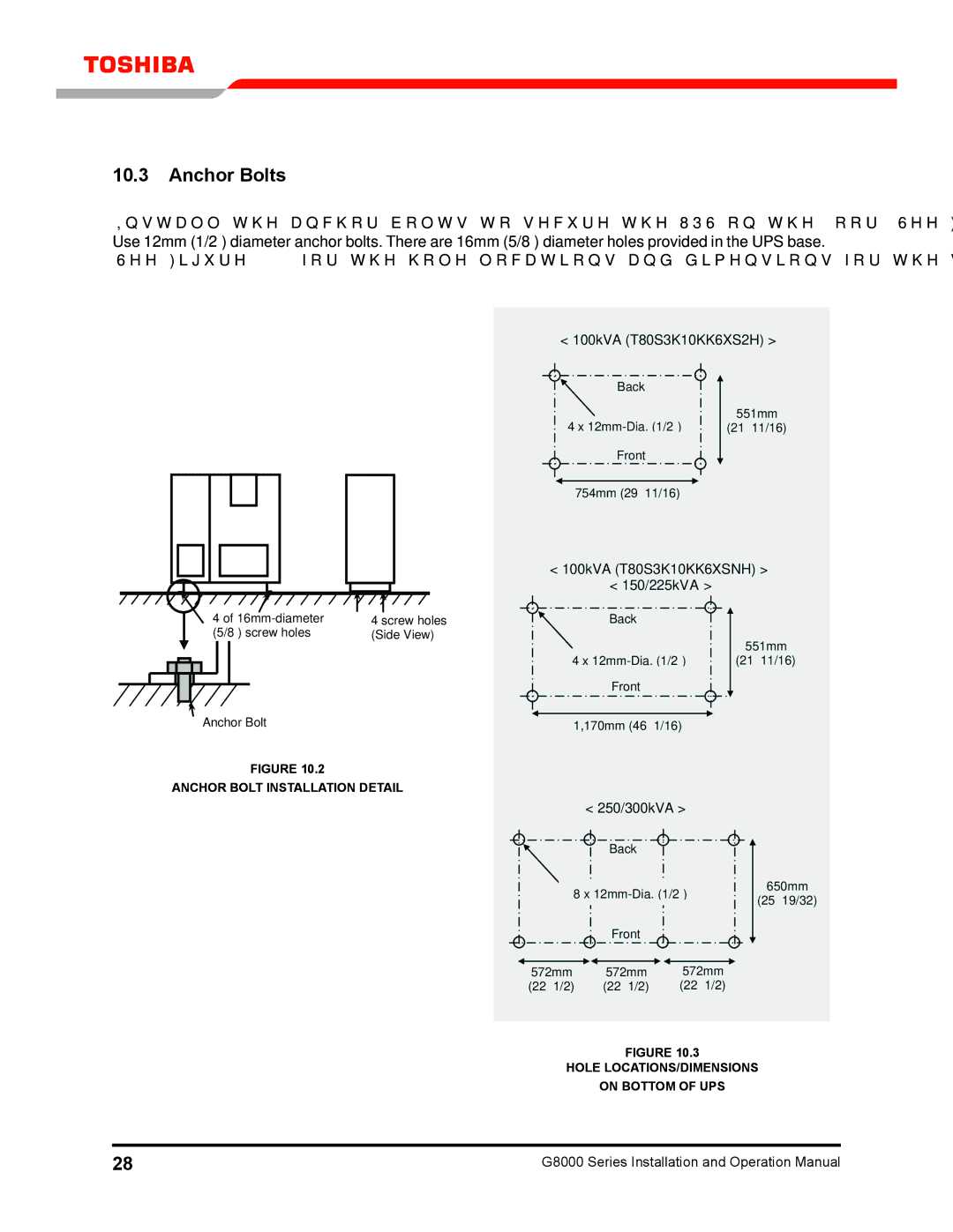 Toshiba 300 KW operation manual Anchor Bolts, Anchor Bolt Installation Detail 