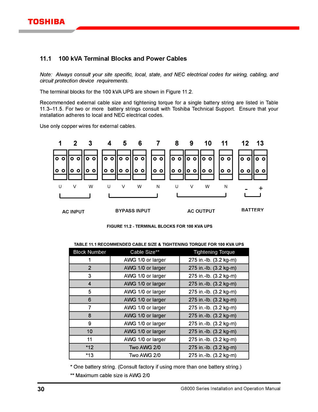 Toshiba 300 KW operation manual 11.1 100 kVA Terminal Blocks and Power Cables, Block Number Cable Size Tightening Torque 