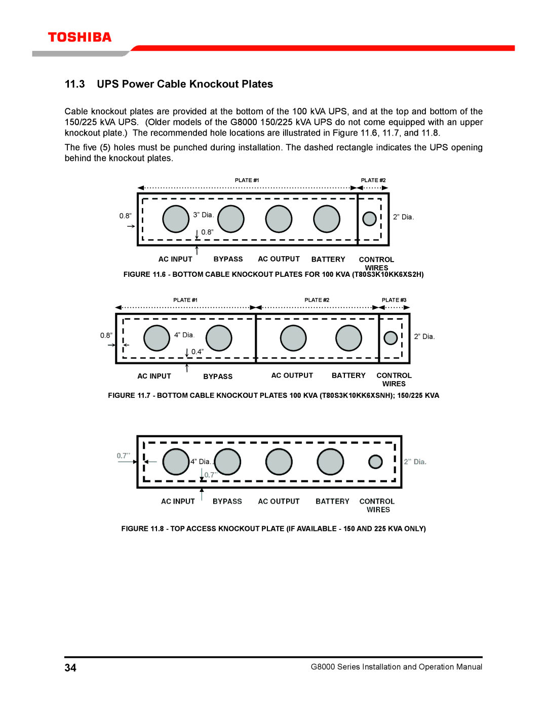 Toshiba 300 KW operation manual UPS Power Cable Knockout Plates, Bottom Cable Knockout Plates for 100 KVA T80S3K10KK6XS2H 