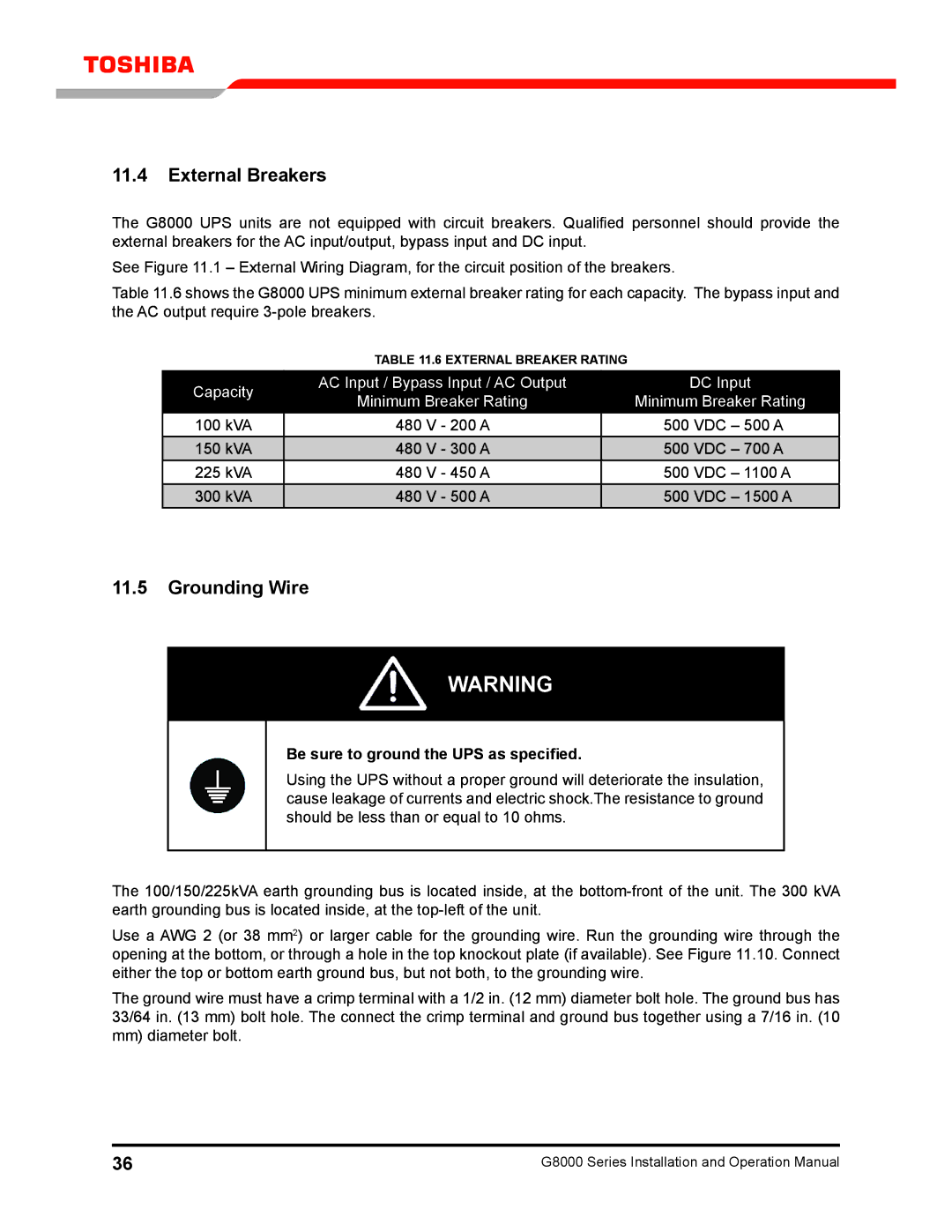 Toshiba 300 KW operation manual External Breakers, Grounding Wire, Be sure to ground the UPS as specified 