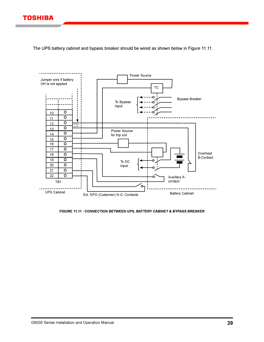 Toshiba 300 KW operation manual Connection Between UPS, Battery Cabinet & Bypass Breaker 