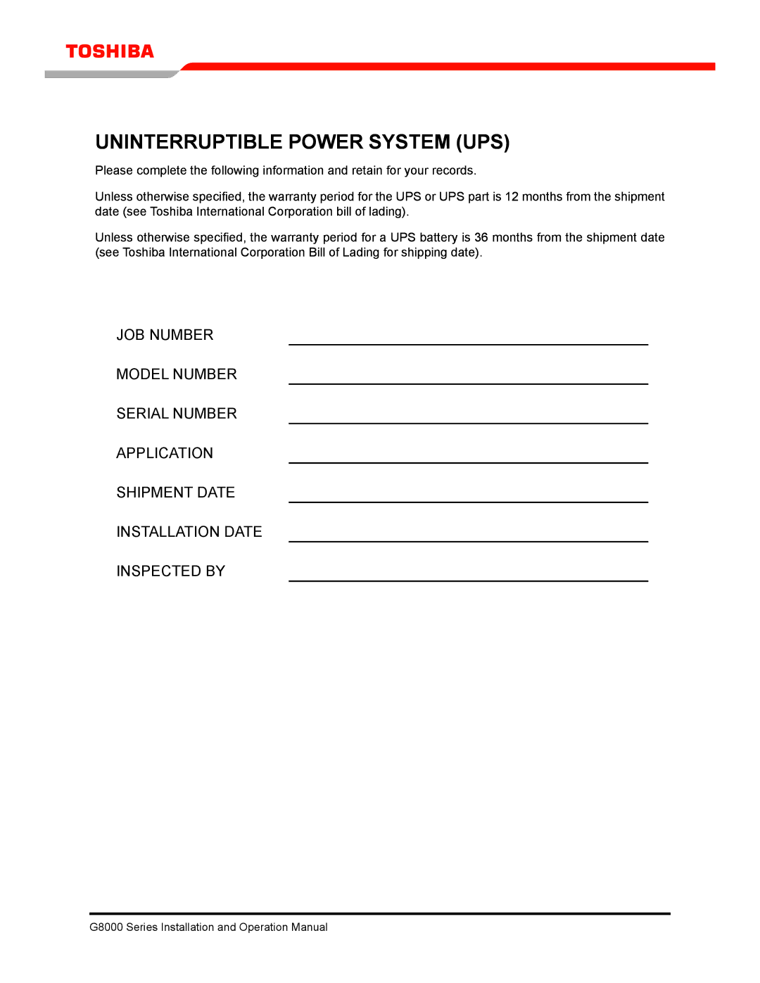 Toshiba 300 KW operation manual Uninterruptible Power System UPS 