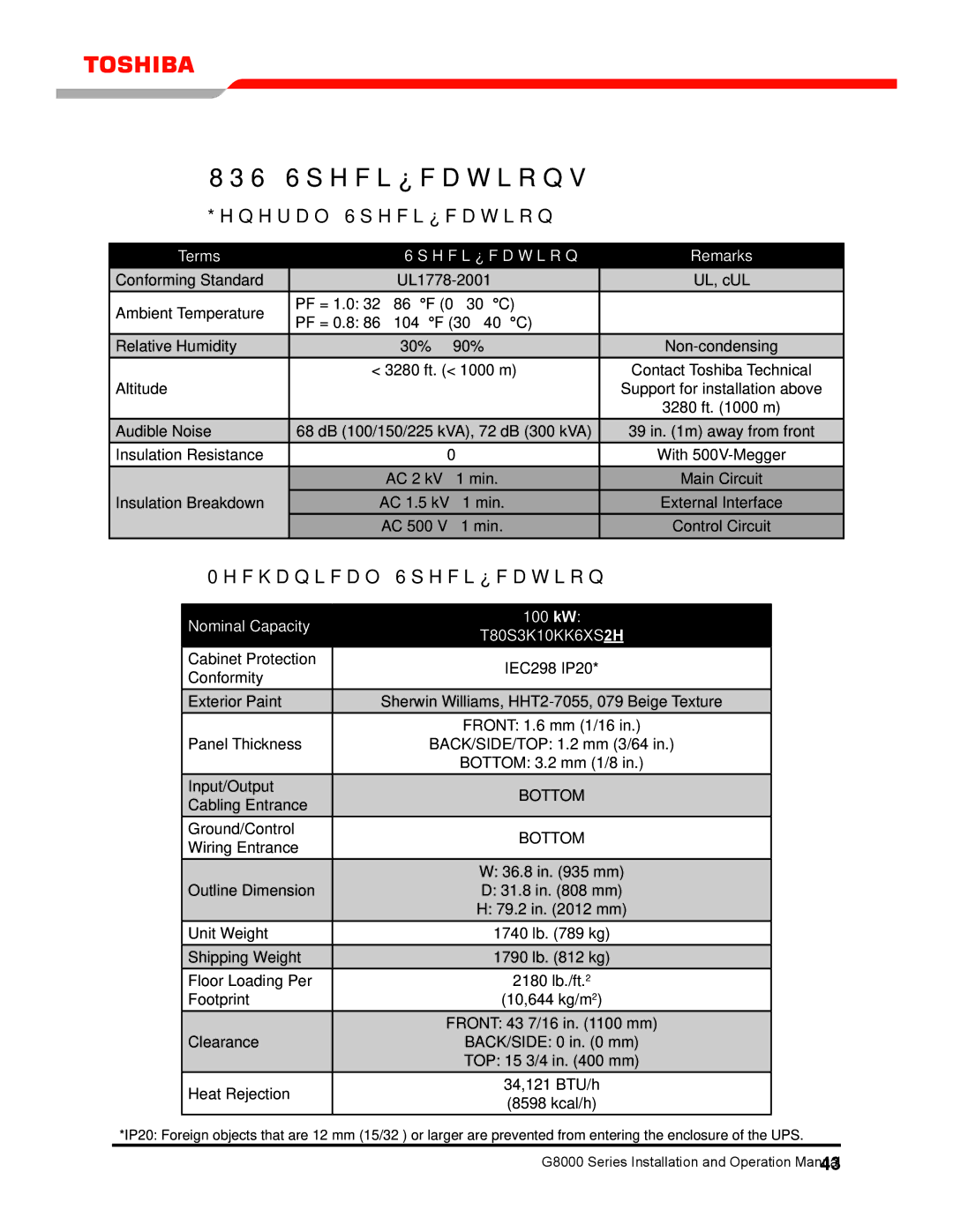 Toshiba 300 KW UPS Specifications, General Specification, Mechanical Specification, Terms Specification Remarks 