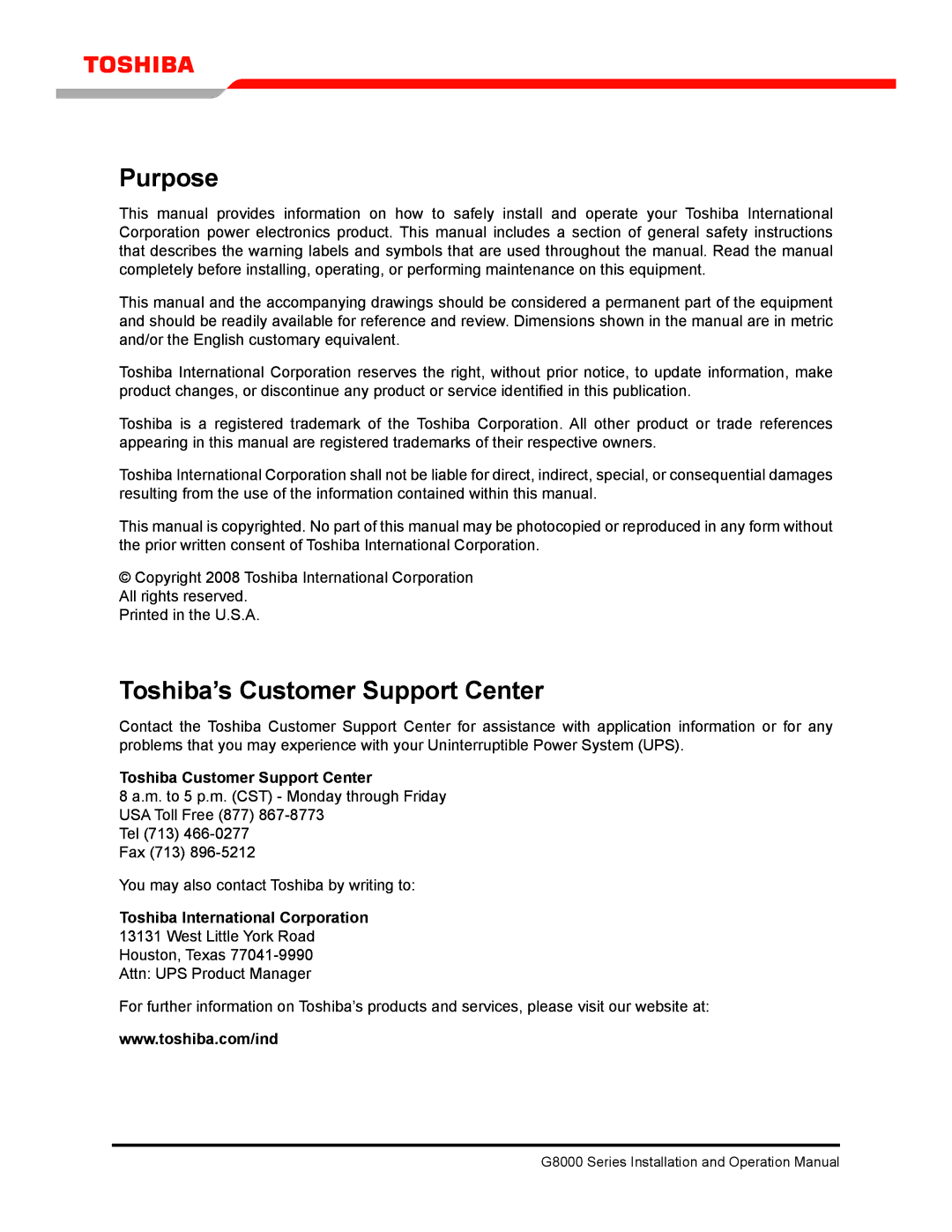 Toshiba 300 KW operation manual Purpose, Toshiba’s Customer Support Center, Toshiba Customer Support Center 