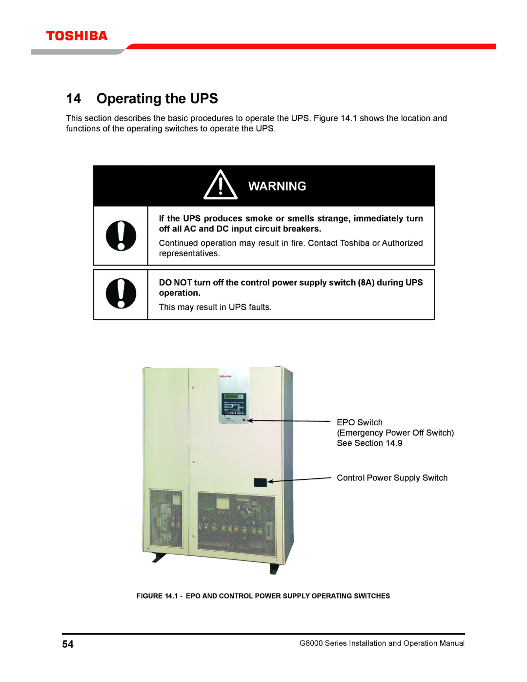 Toshiba 300 KW operation manual Operating the UPS, EPO and Control Power Supply Operating Switches 