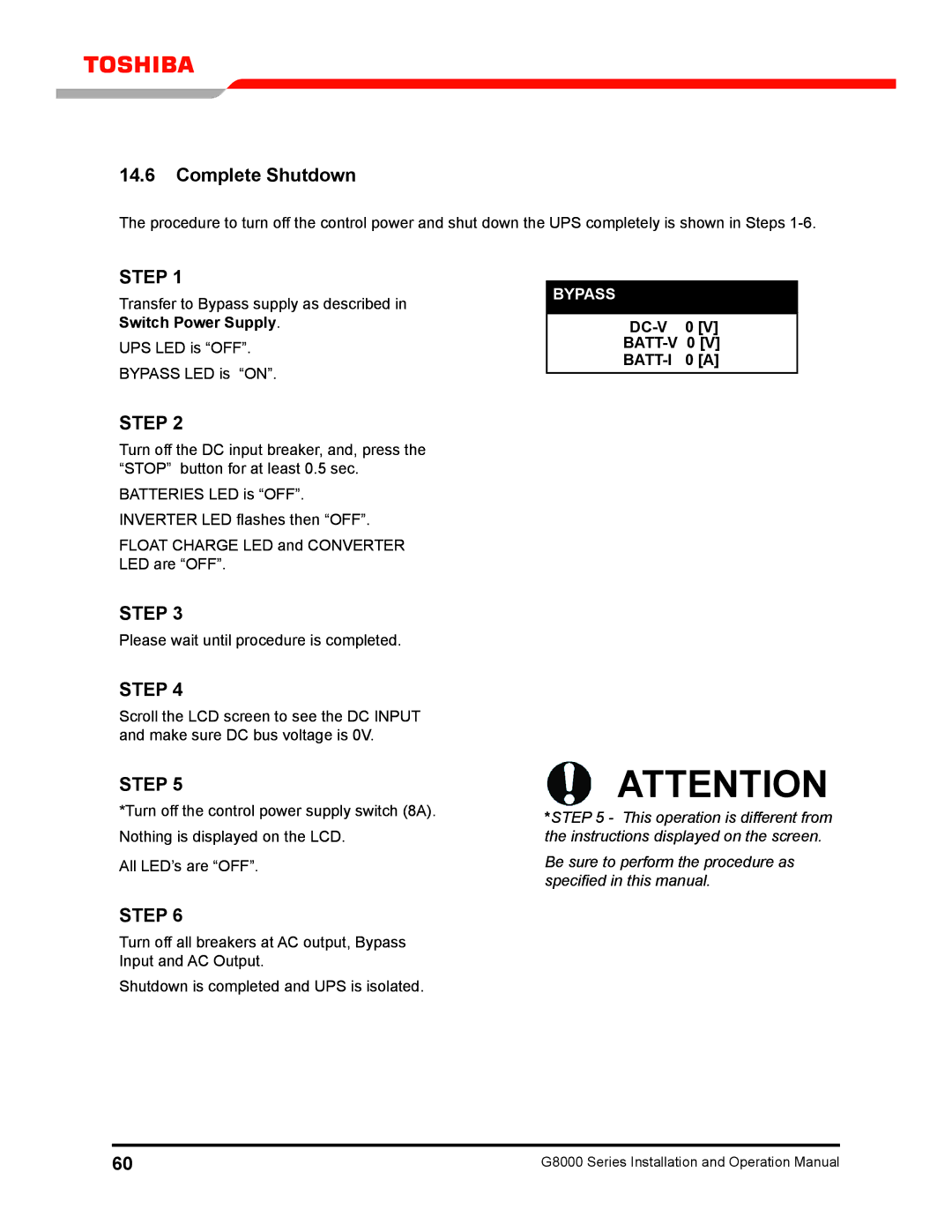 Toshiba 300 KW operation manual Complete Shutdown, DC-V 0 BATT-V 0 BATT-I 0 a 