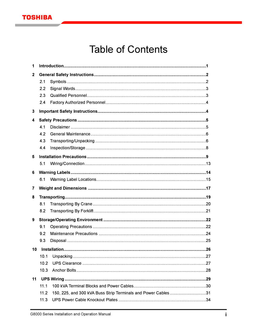 Toshiba 300 KW operation manual Table of Contents 