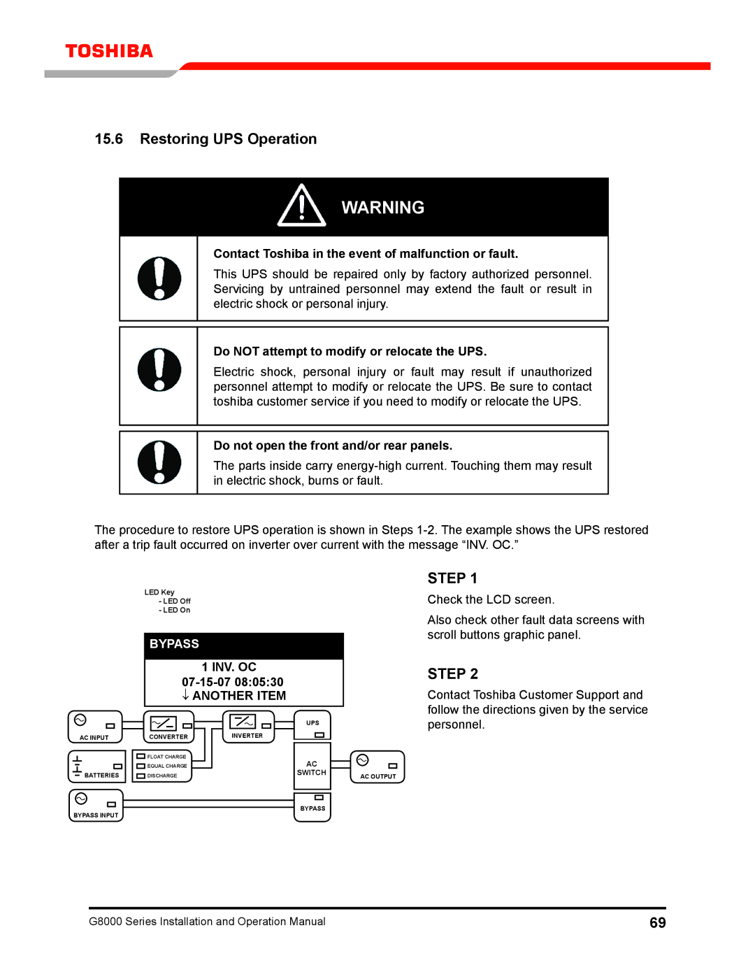 Toshiba 300 KW operation manual Restoring UPS Operation, Contact Toshiba in the event of malfunction or fault, 07-15-07 