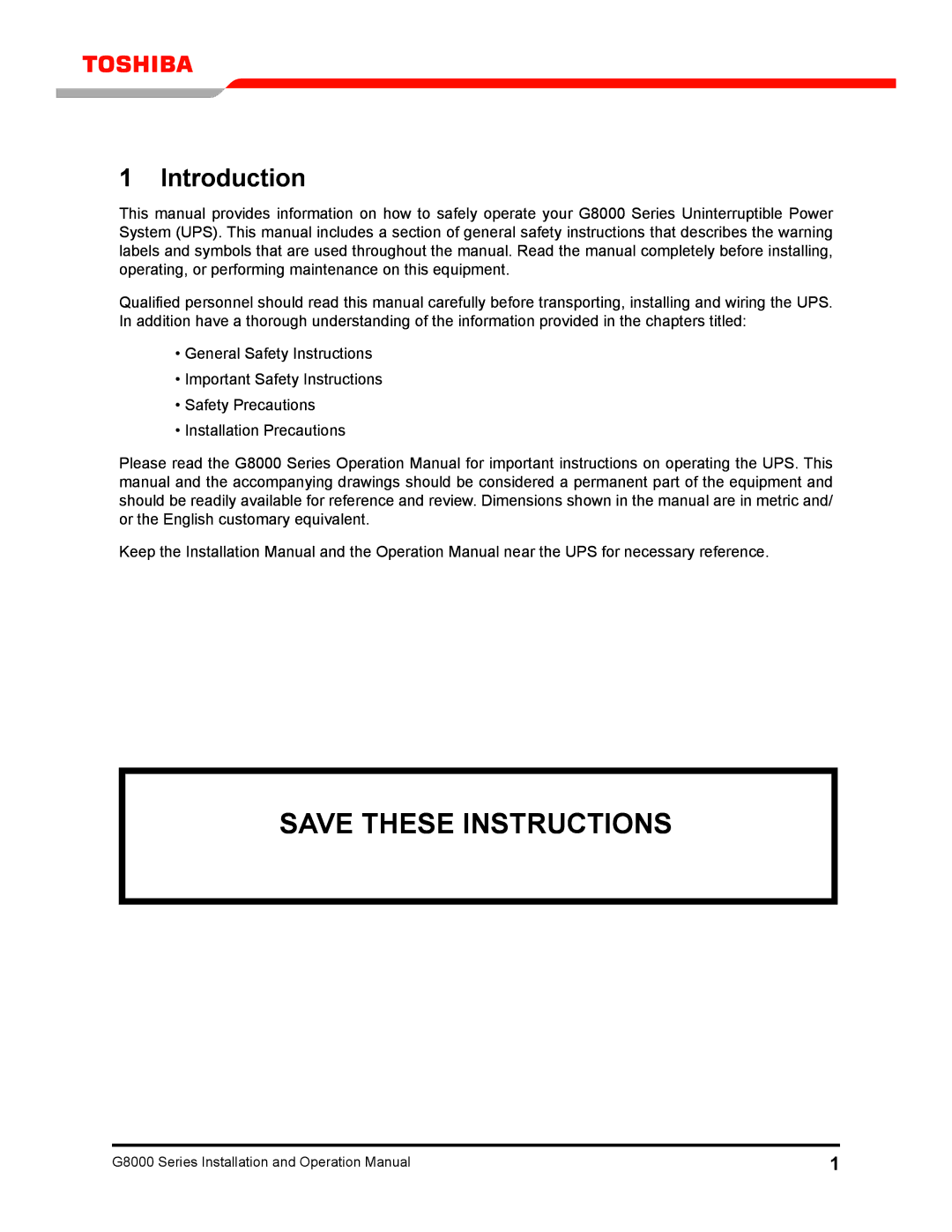 Toshiba 300 KW operation manual Introduction 