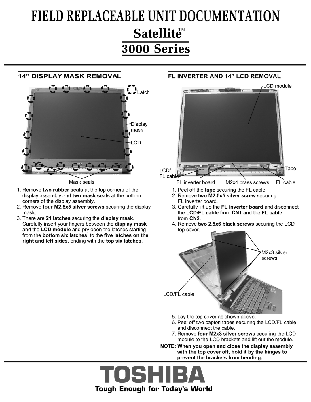 Toshiba 3000 manual FL Inverter and 14 LCD Removal, Lcd, Remove two M2.5x5 silver screw securing FL inverter board 