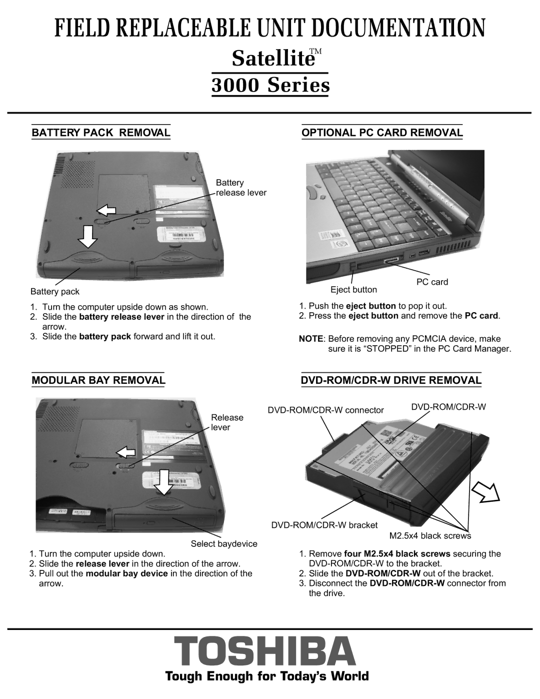 Toshiba 3000 manual Battery Pack Removal Optional PC Card Removal, Dvd-Rom/Cdr-W 