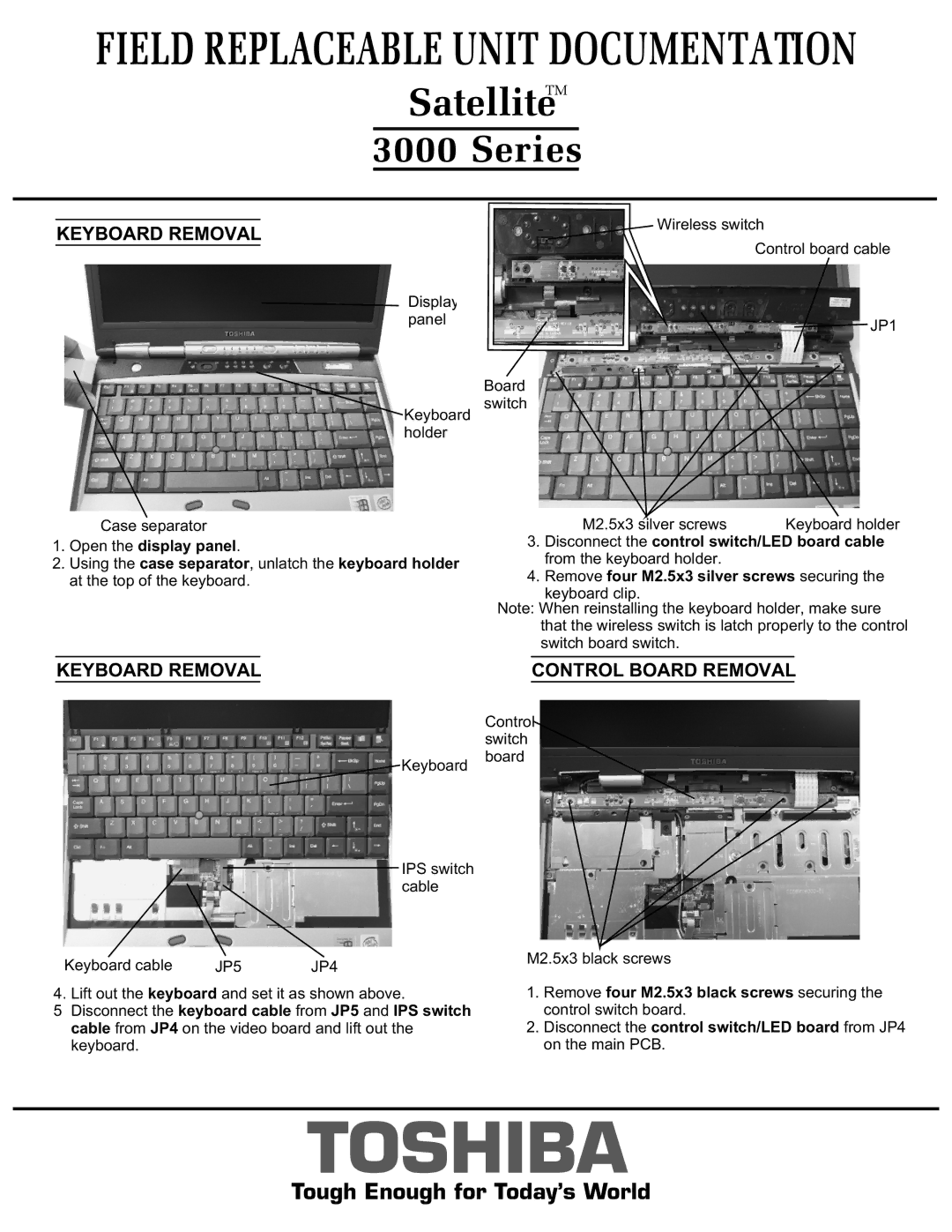 Toshiba 3000 manual Control Board Removal, JP1, JP5 JP4 