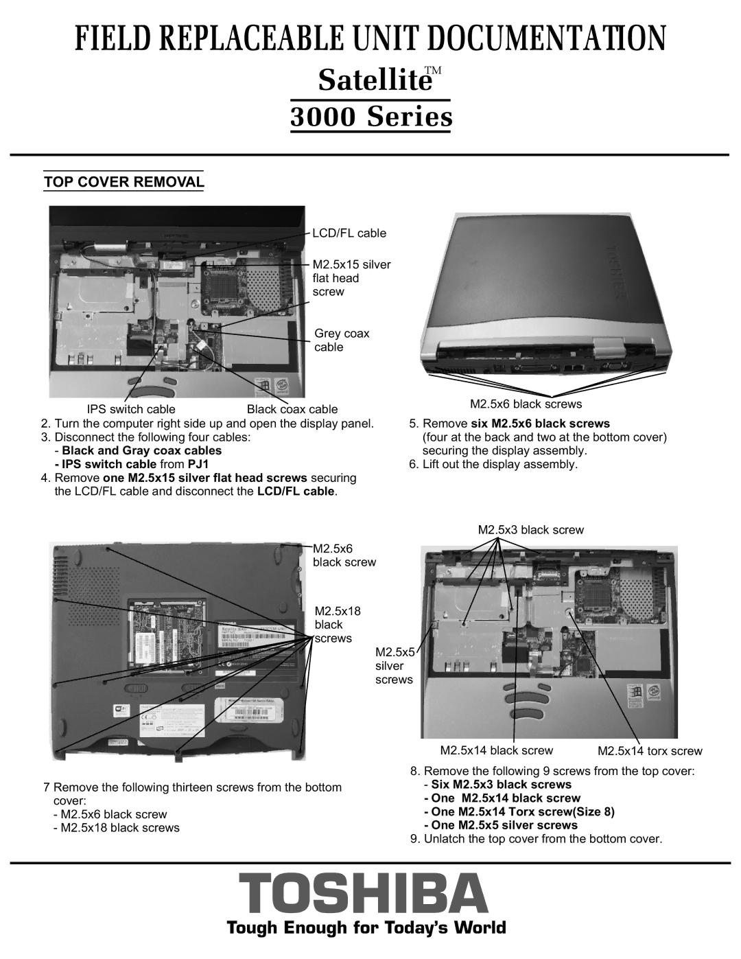 Toshiba 3000 manual Remove six M2.5x6 black screws, Black and Gray coax cables, IPS switch cable from PJ1 