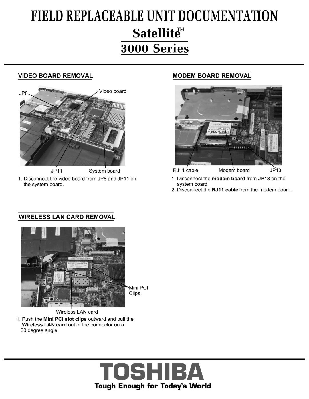 Toshiba 3000 manual Video Board Removal Modem Board Removal, JP8 