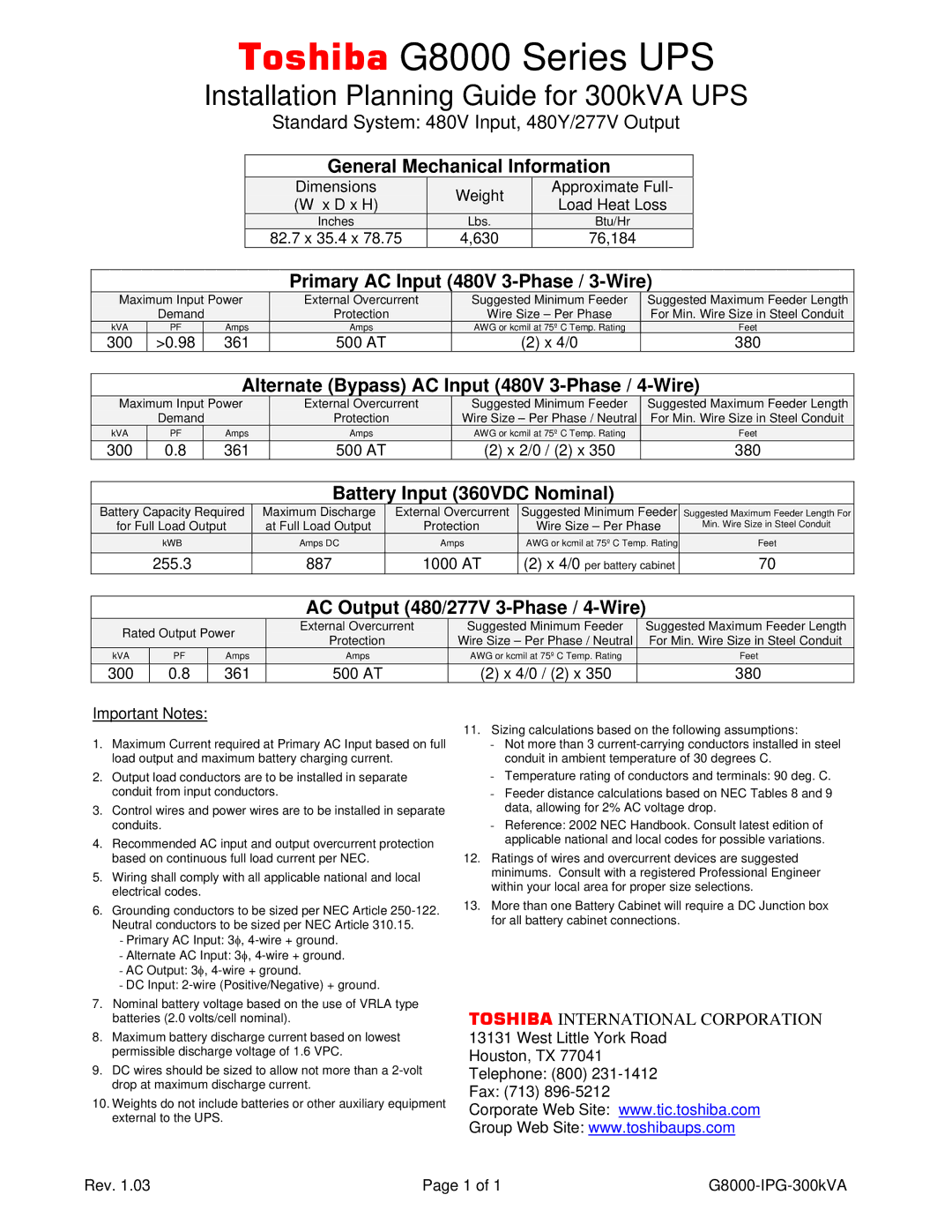 Toshiba dimensions Toshiba G8000 Series UPS, Installation Planning Guide for 300kVA UPS 