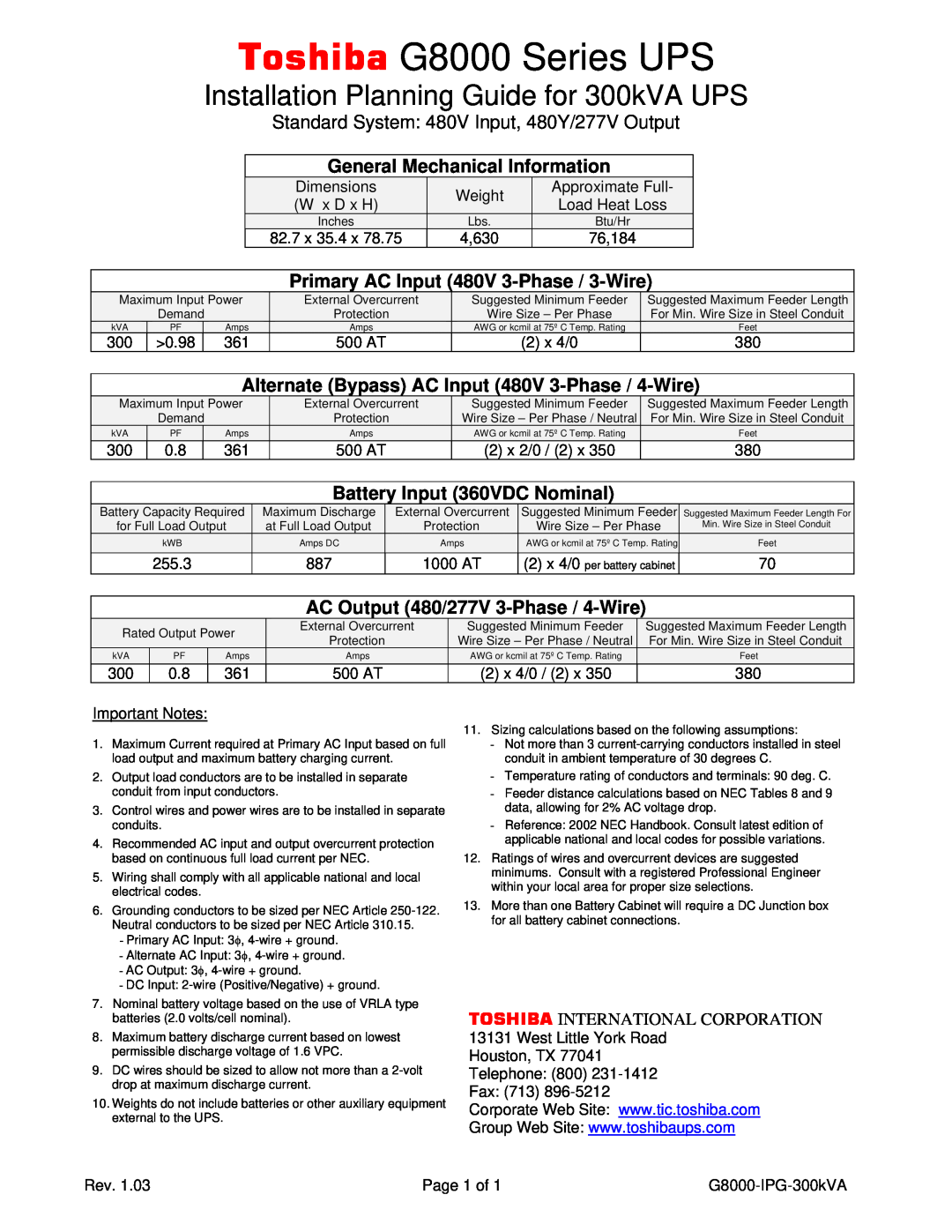 Toshiba dimensions Toshiba G8000 Series UPS, Installation Planning Guide for 300kVA UPS, General Mechanical Information 
