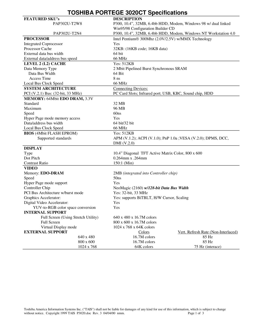 Toshiba 3020CT specifications Description, Processor, Level 2 L2 Cache, System Architecture, Display, Video 