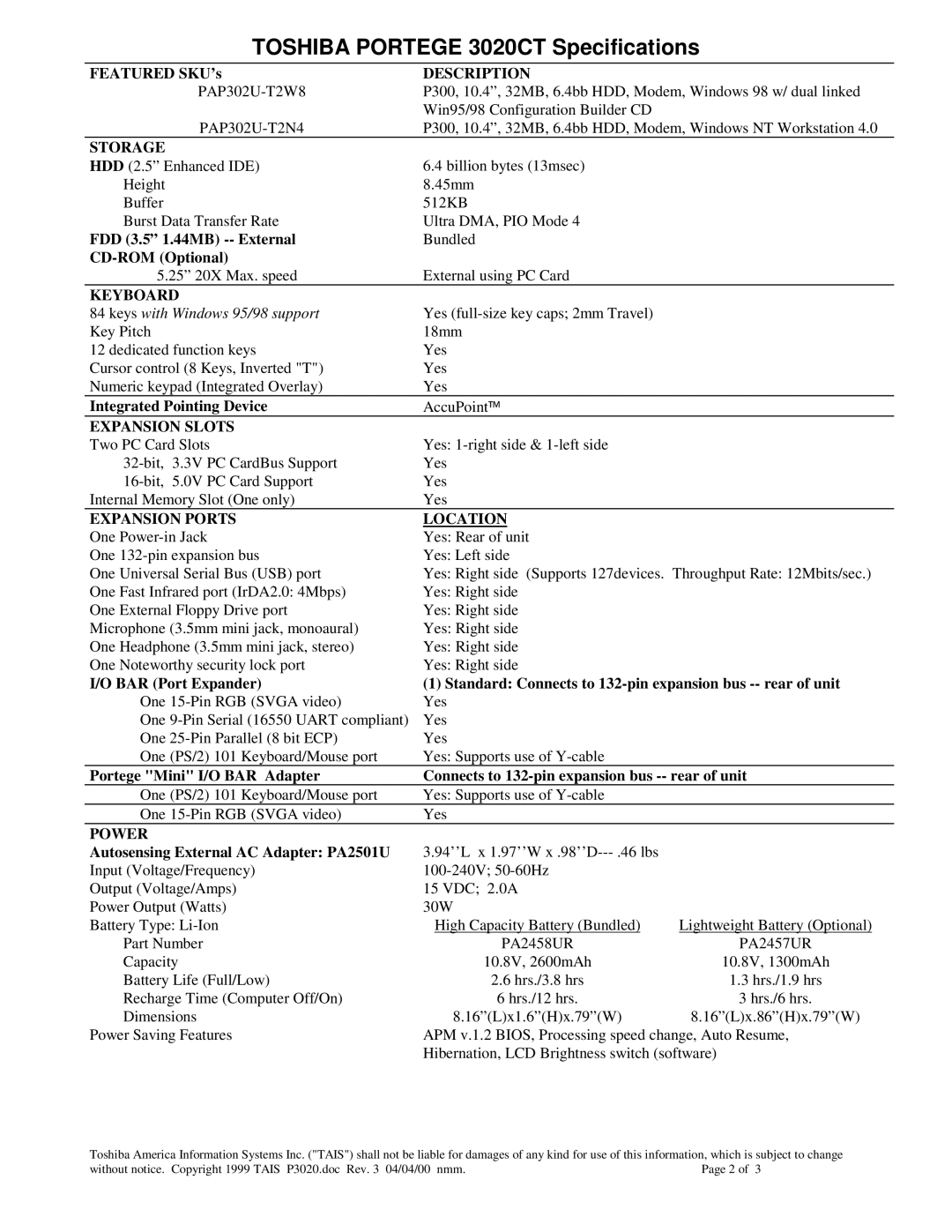 Toshiba 3020CT specifications Storage, Keyboard, Expansion Slots, Expansion Ports Location, Power 