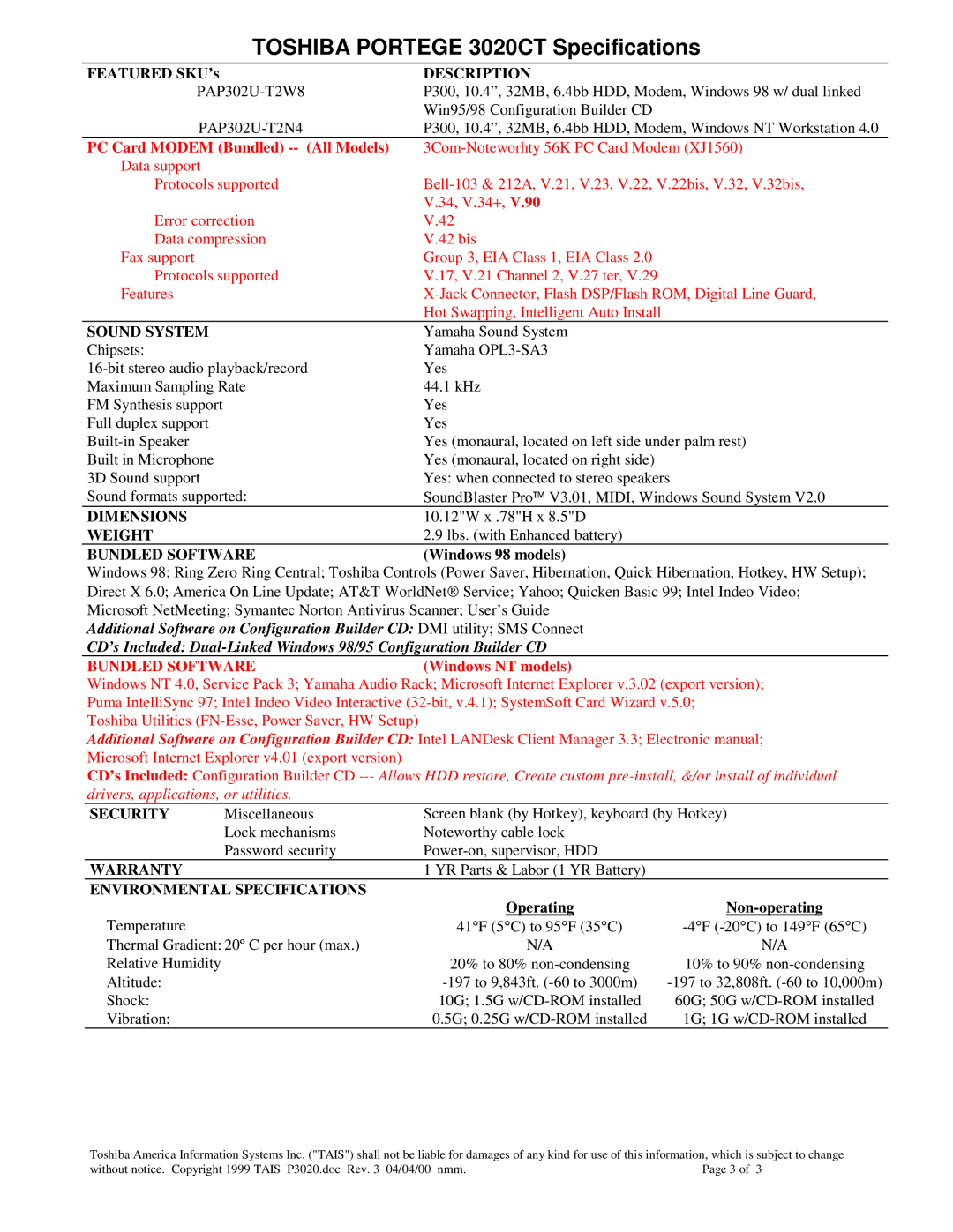 Toshiba 3020CT Sound System, Dimensions, Weight, Bundled Software, Security, Warranty, Environmental Specifications 