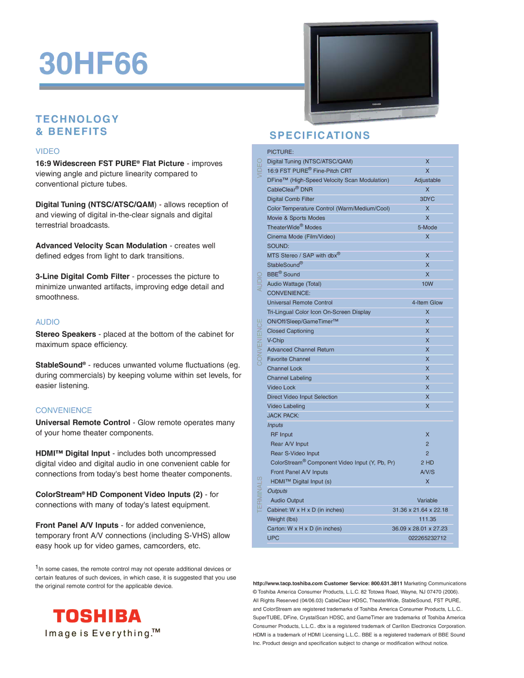 Toshiba 30HF66 specifications Technology & Benefits, Specifications, Video, Audio, Convenience 