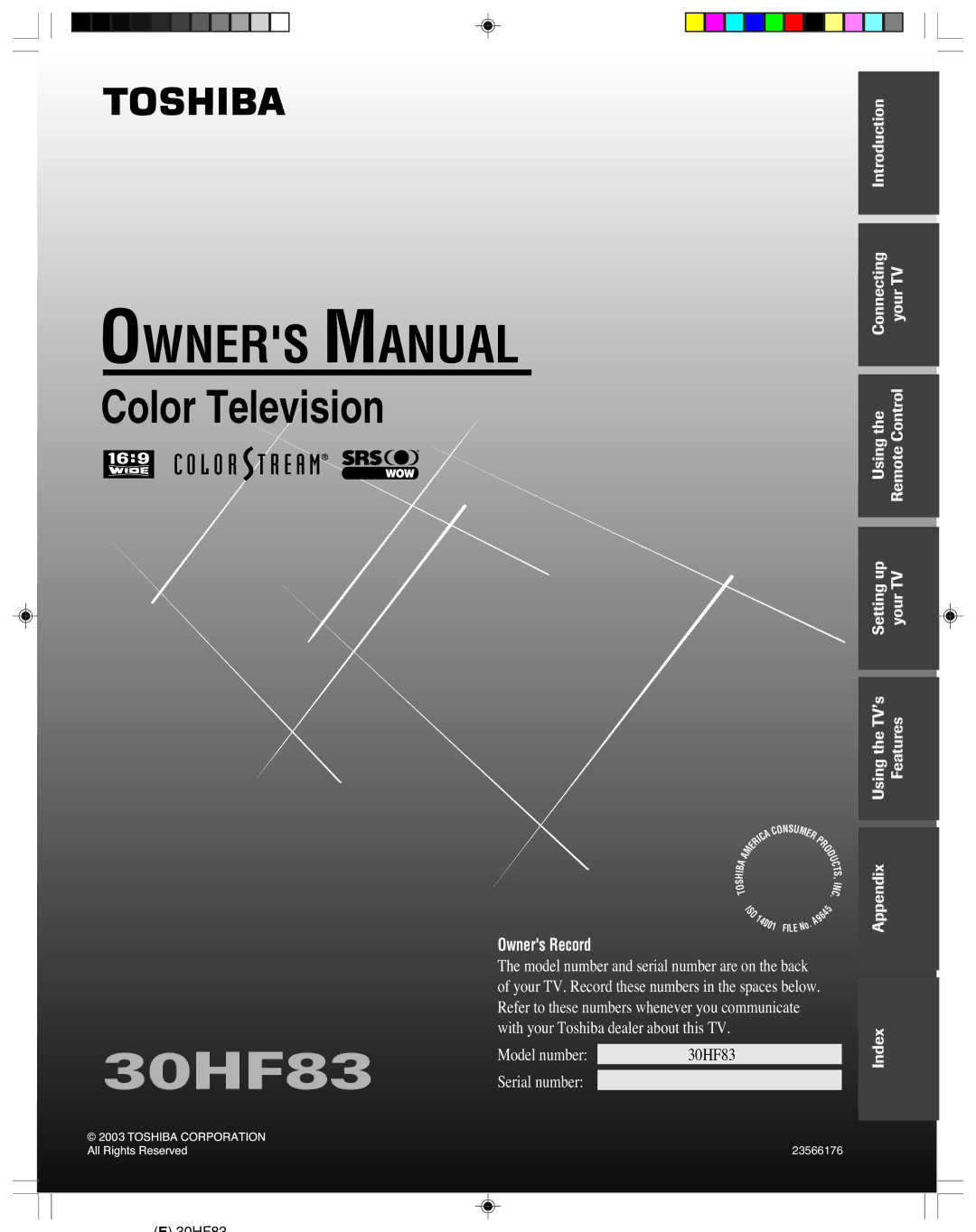 Toshiba 30HF83 owner manual 