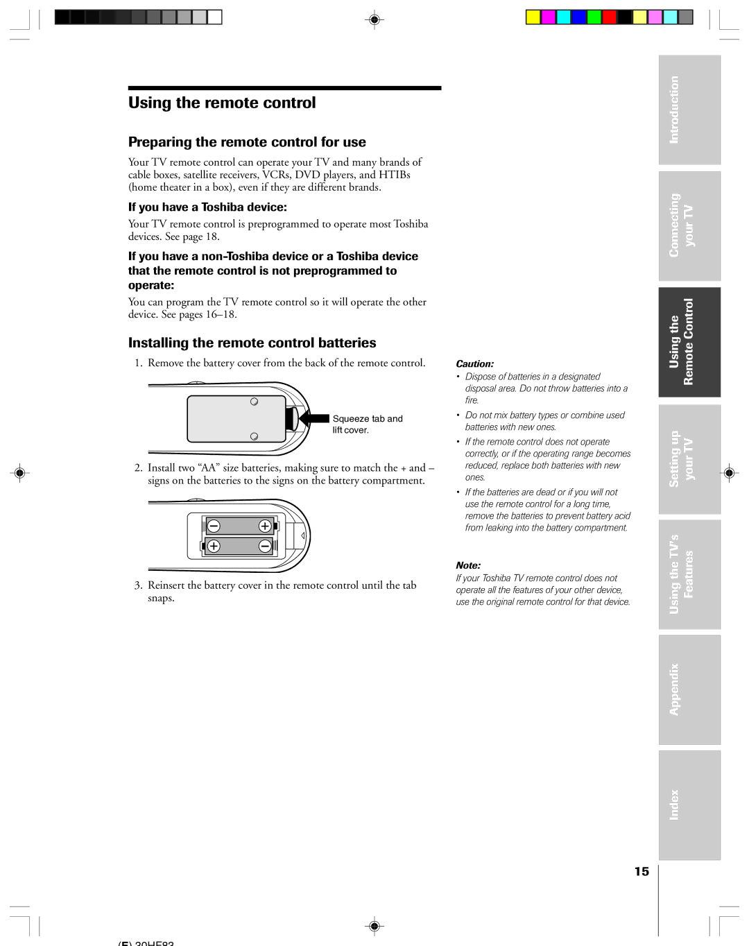 Toshiba 30HF83 Using the remote control, Preparing the remote control for use, Installing the remote control batteries 