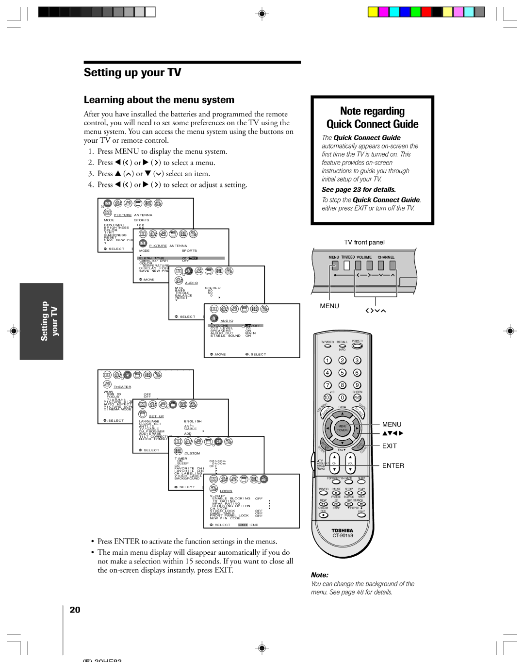 Toshiba 30HF83 owner manual Setting up your TV, Learning about the menu system, TV front panel 