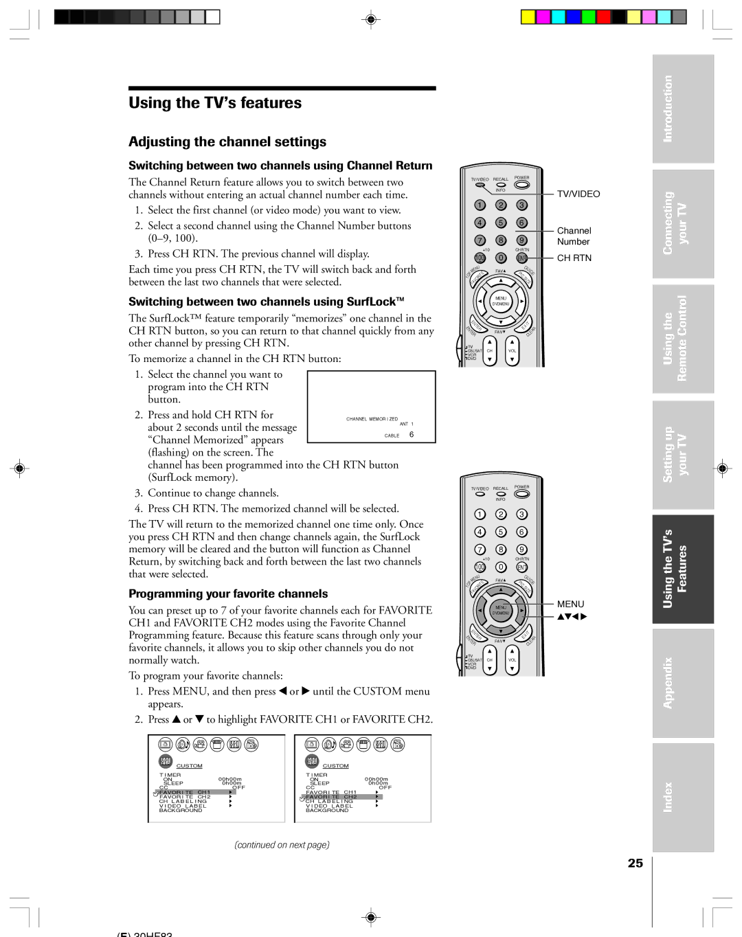 Toshiba 30HF83 Using the TVÕs features, Adjusting the channel settings, Switching between two channels using SurfLockª 