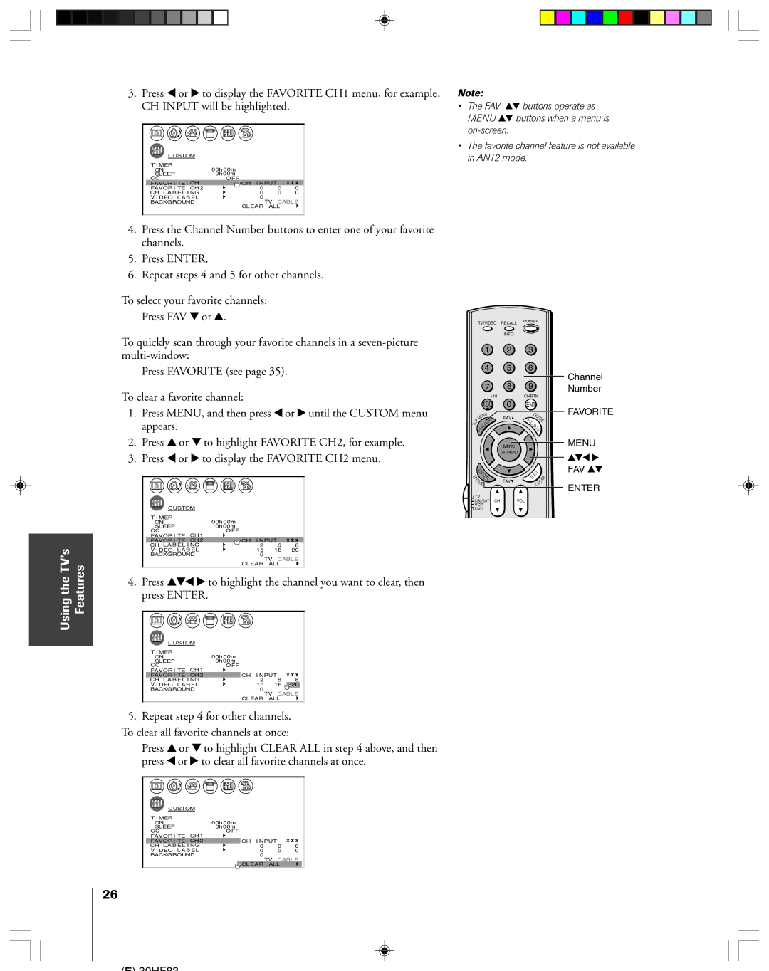 Toshiba 30HF83 owner manual Using the TVÕs Features 