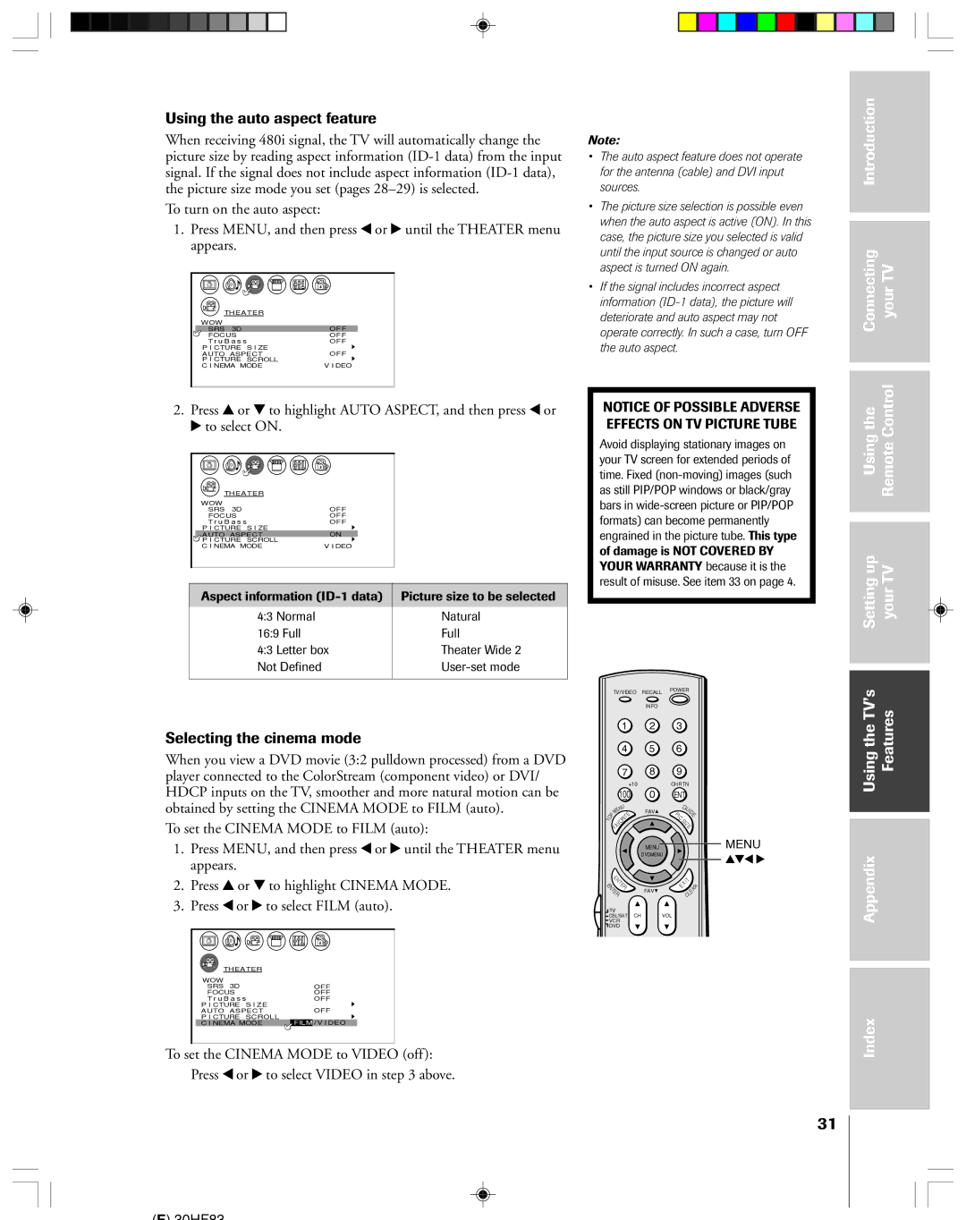 Toshiba 30HF83 owner manual Using the auto aspect feature, Selecting the cinema mode 