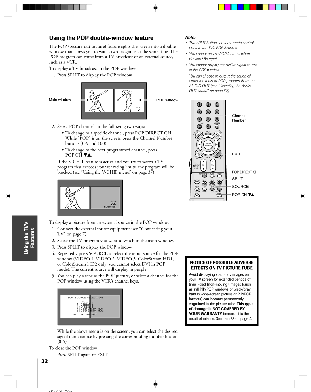 Toshiba 30HF83 owner manual Using the POP double-window feature 