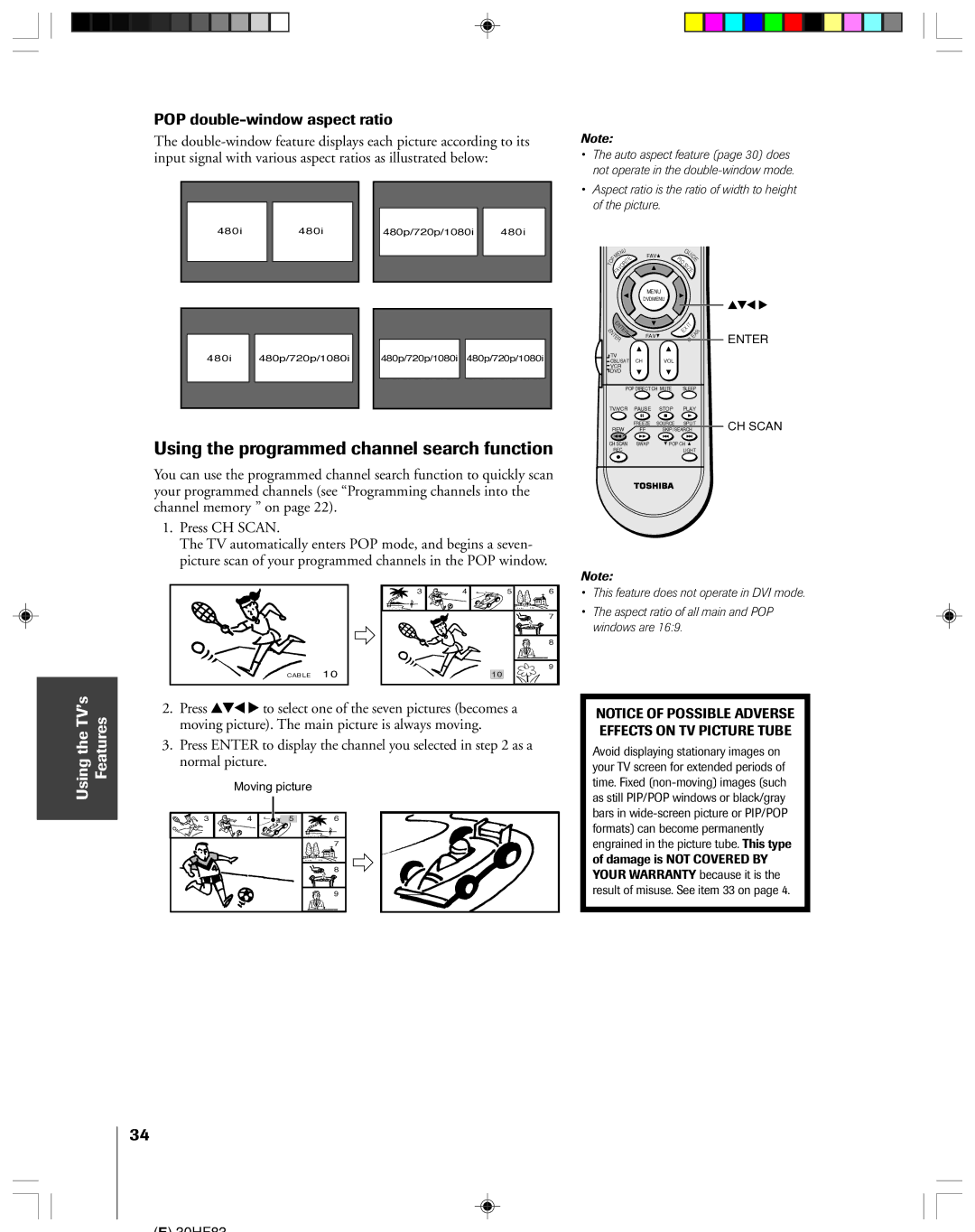 Toshiba 30HF83 owner manual Using the programmed channel search function, POP double-window aspect ratio, Moving picture 