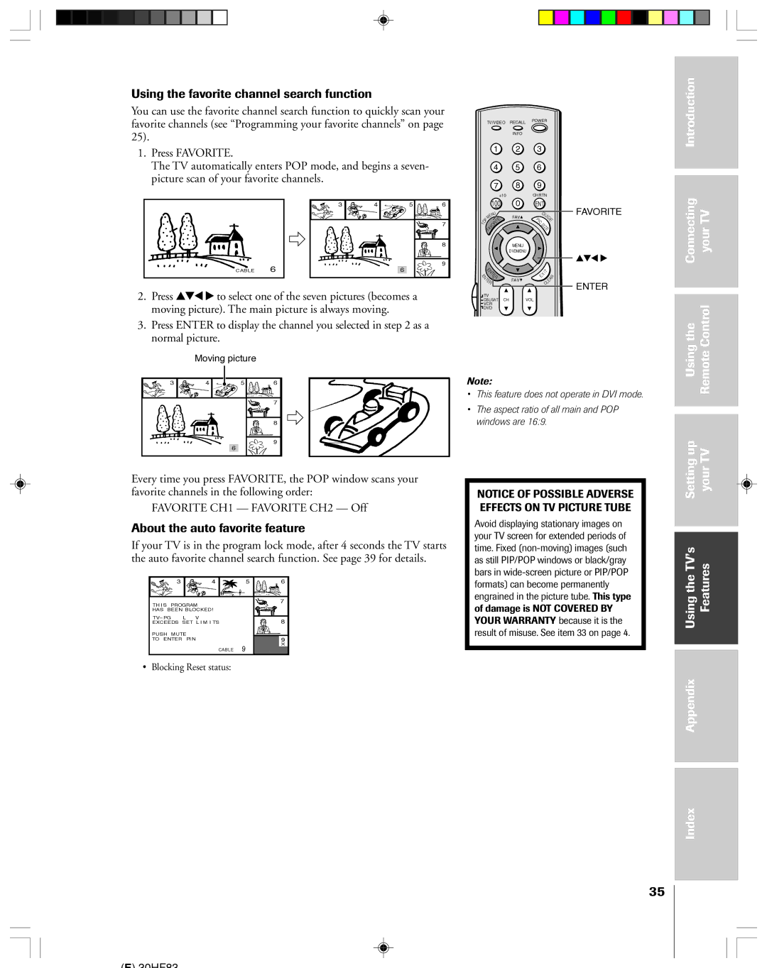 Toshiba 30HF83 Using the favorite channel search function, Introduction Connecting YourTV Usingthe RemoteControl 