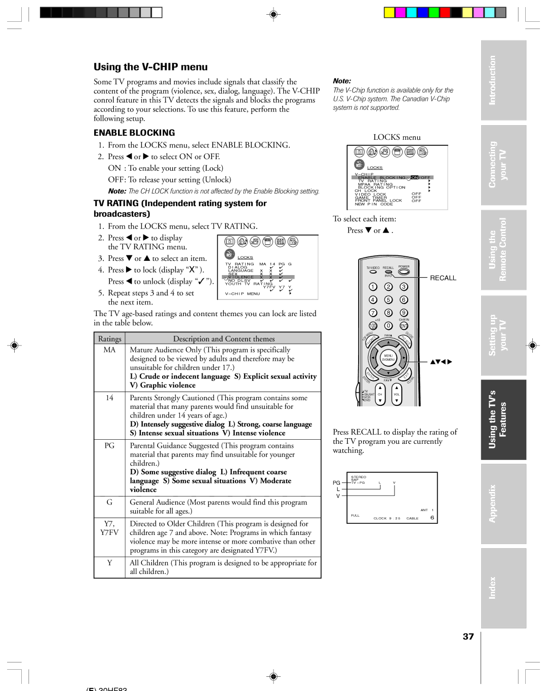 Toshiba 30HF83 owner manual Using the V-CHIP menu, TV Rating Independent rating system for broadcasters, Usingthe Remote 