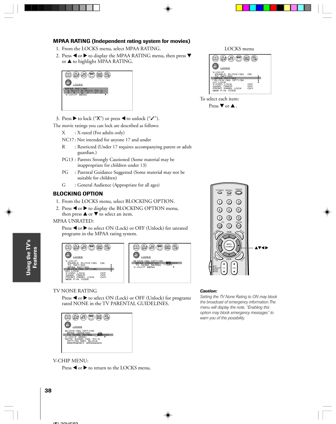 Toshiba 30HF83 owner manual Mpaa Rating Independent rating system for movies, Press to lock ÒXÓ or press x to unlock ÒÓ 