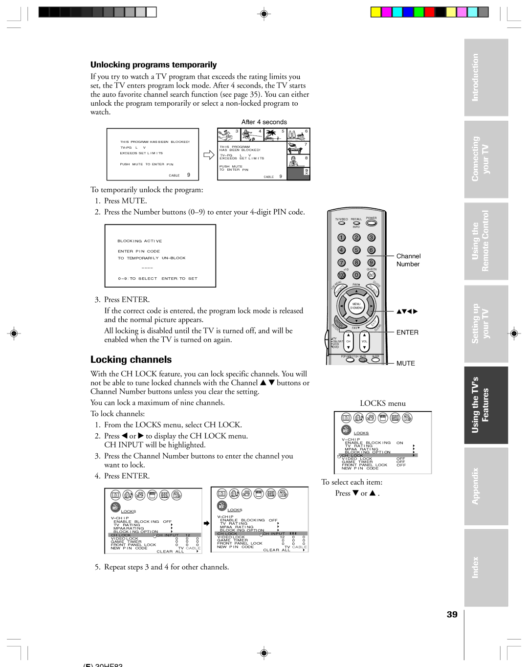 Toshiba 30HF83 owner manual Locking channels, Unlocking programs temporarily, To select each item, After 4 seconds 